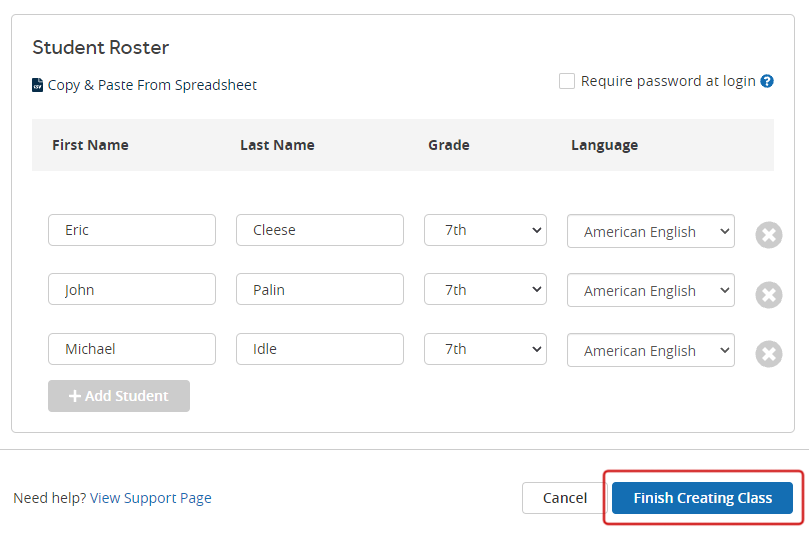 The students added to the roster, with fields for their first and last names, grades, and language.