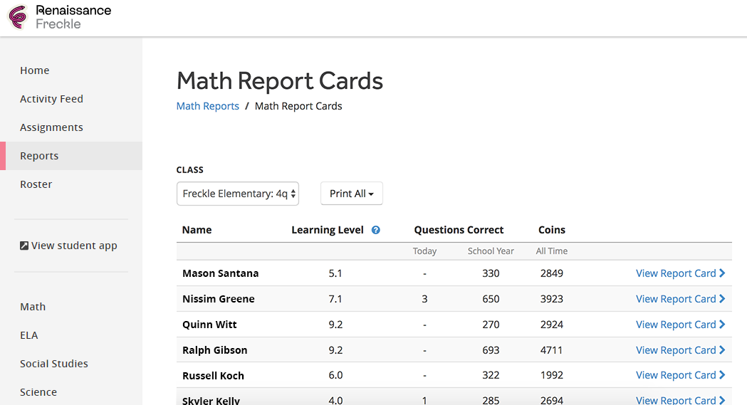 The Math Report Cards screen.