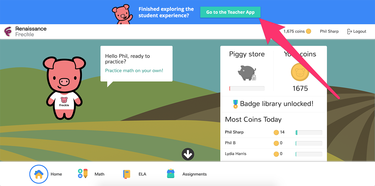 Header shows button titled Go to the Teacher App, that when selected takes you to the teacher app.
