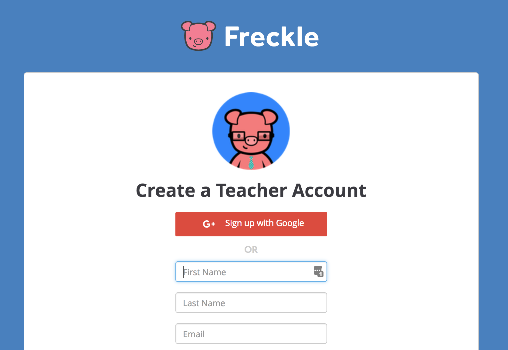 The Create a Teacher Account form, where you can sign up with Google or with your first name, last name, and email.
