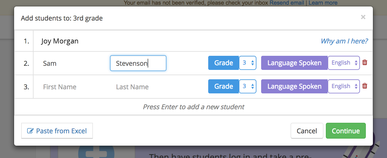 A pop-up window where students' names, grades, and language spoken are entered. The Continue and Cancel buttons are at the bottom.