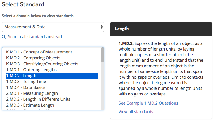 In this example, the Measurement and Data domain has been selected. In the drop-down list of standards below, standard 1.MD.2 - Length has been selected. Details for the standard are displayed on the right.
