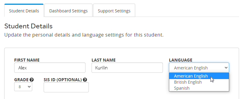 On the Student Details tab, the user is selecting American English from the Language drop-down list.