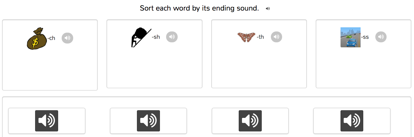 An example Word Study practice, where the student is asked to sort words based on their ending sounds (audio samples are provided).