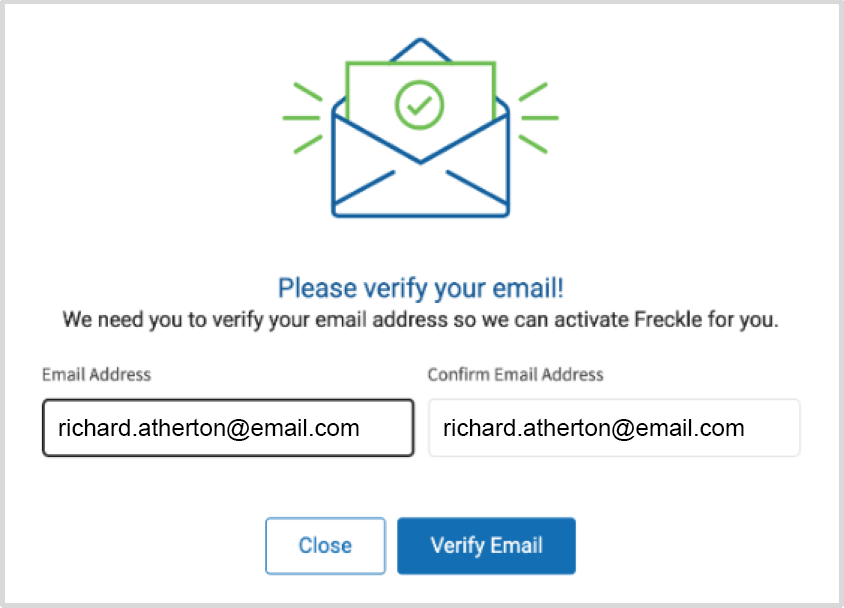 A form where the user enters their email, and enters it a second time to confirm it. The Verify Email and Close buttons are at the bottom.