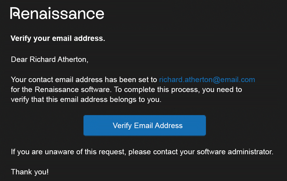 The verification message; the user is instructed to select the Verify Email Address button to complete the verification process.