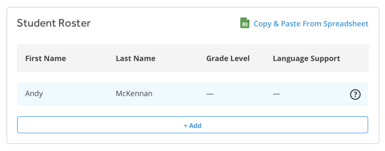 The student roster for a class is shown, with a link allowing you to copy and paste students from a spreadsheet, and an Add button at the bottom.