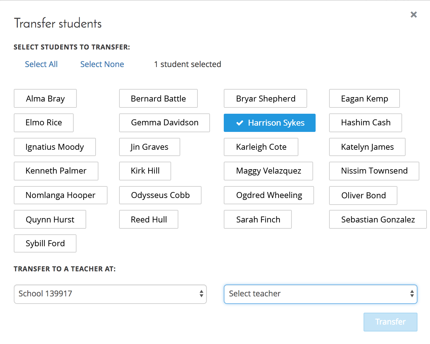 The Transfer students screen, with one student already selected. You can select additional students, or use the Select All and Select None links to select or deselect all the students at once. At the bottom are drop-down lists where you can select a school and teacher to transfer the student to. The Transfer button is below the drop-down lists.
