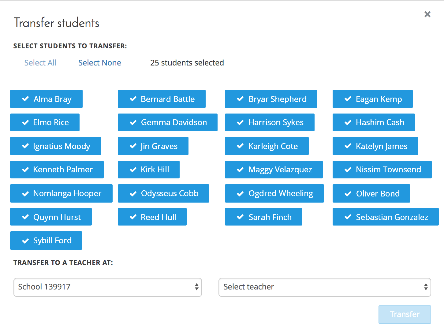 The Transfer students screen, with all the students already selected. At the bottom are drop-down lists where you can select a school and teacher to transfer the students to. The Transfer button is below the drop-down lists.