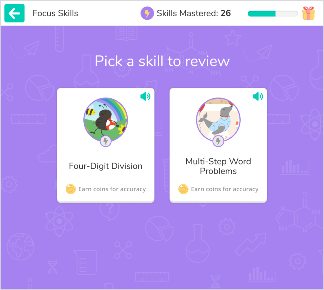 A Focus Skills practice screen. The student is presented with two skills they have already mastered, which they can choose to practice further. The student can earn coins for accuracy.