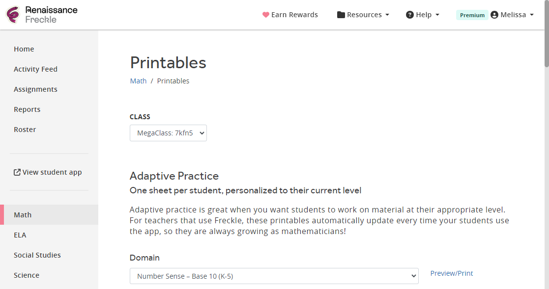 An example Printables page, where the user can view samples of printable practices.