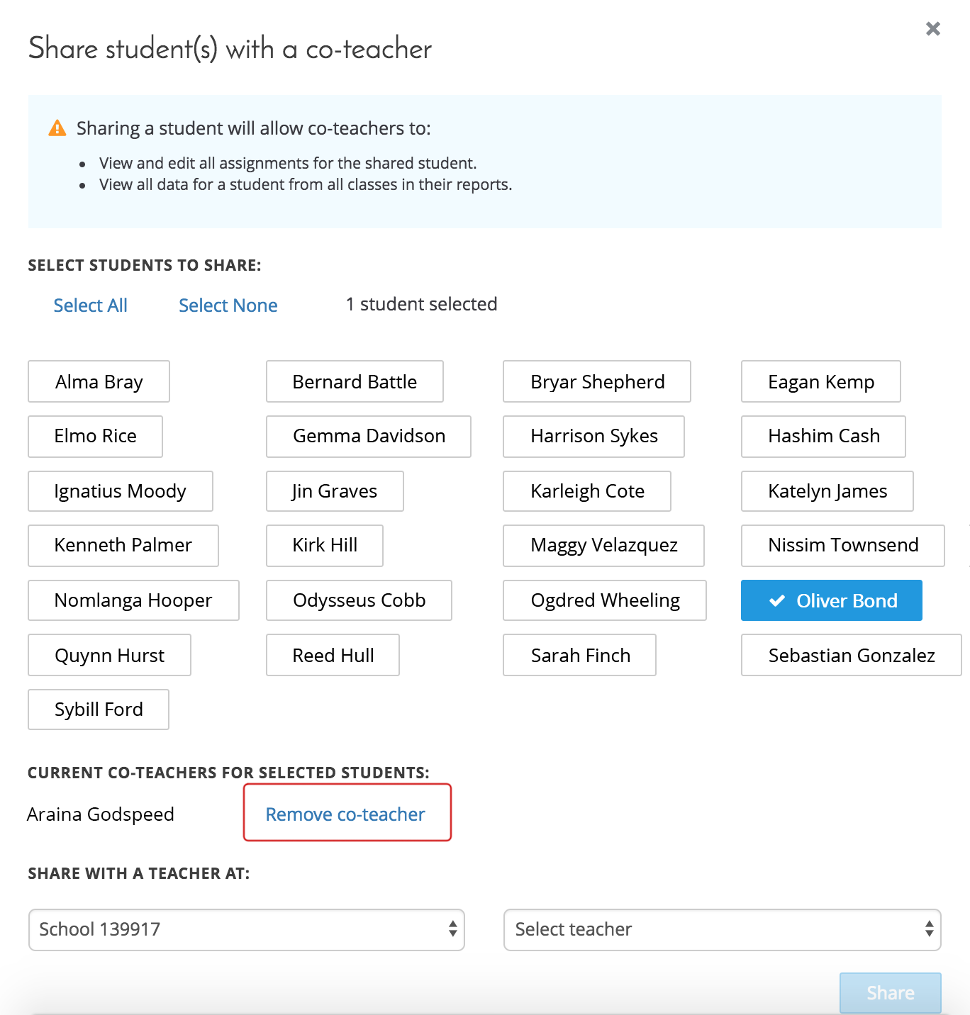 The selected student is shared with another teacher (a co-teacher). Use the 'Remove co-teacher' link to the right of the teacher's name to stop sharing the student with that teacher.
