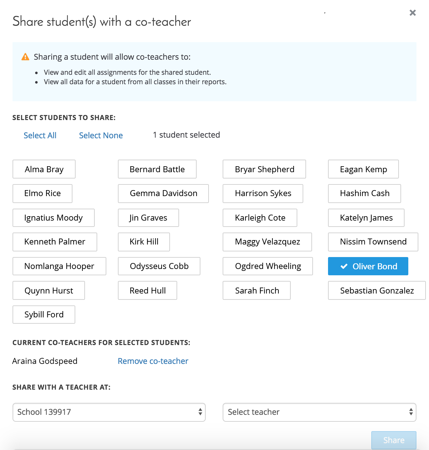 The Share students screen, with one student already selected. You can select additional students, or use the Select All and Select None links to select or deselect all the students at once. At the bottom are drop-down lists where you can select a school and teacher to share the students with. If the selected student(s) are already shared with another teacher (a co-teacher), that teacher's name is shown under the list of students. The Share button is below the drop-down lists.