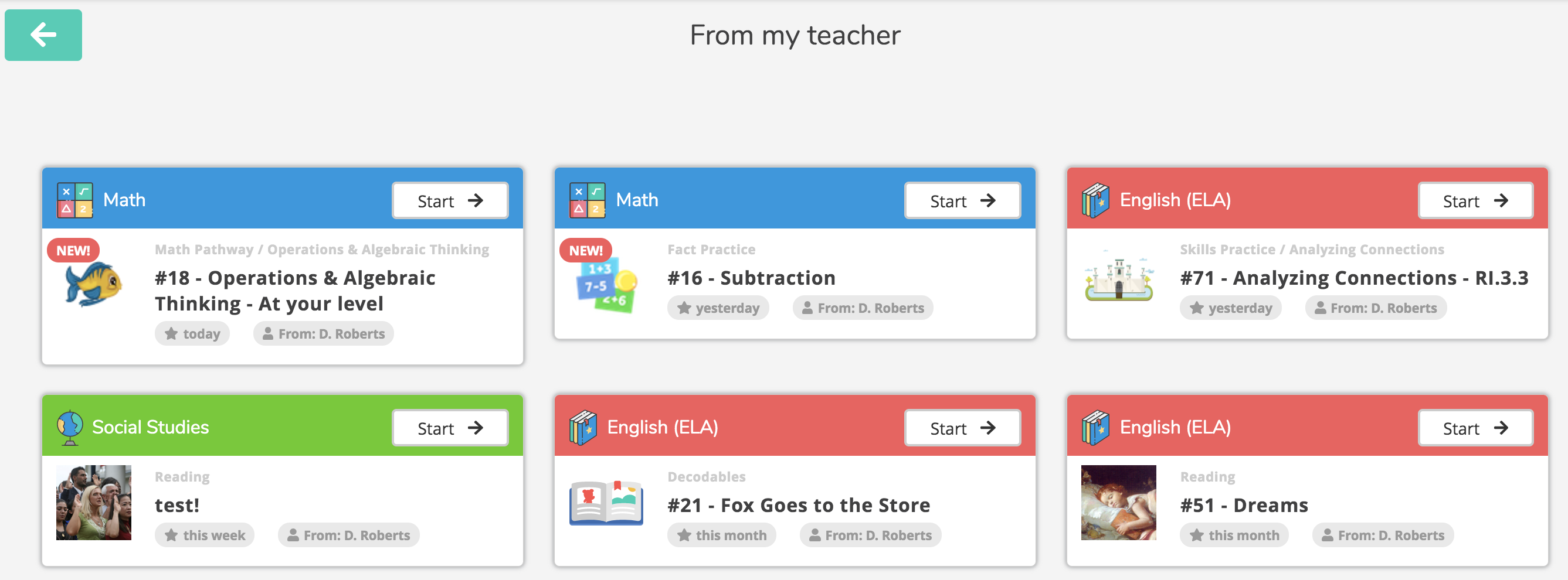 An example of a Kindergarten through Grade 2 dashboard. Each assignment has a tile describing it, and a Start button to begin it.