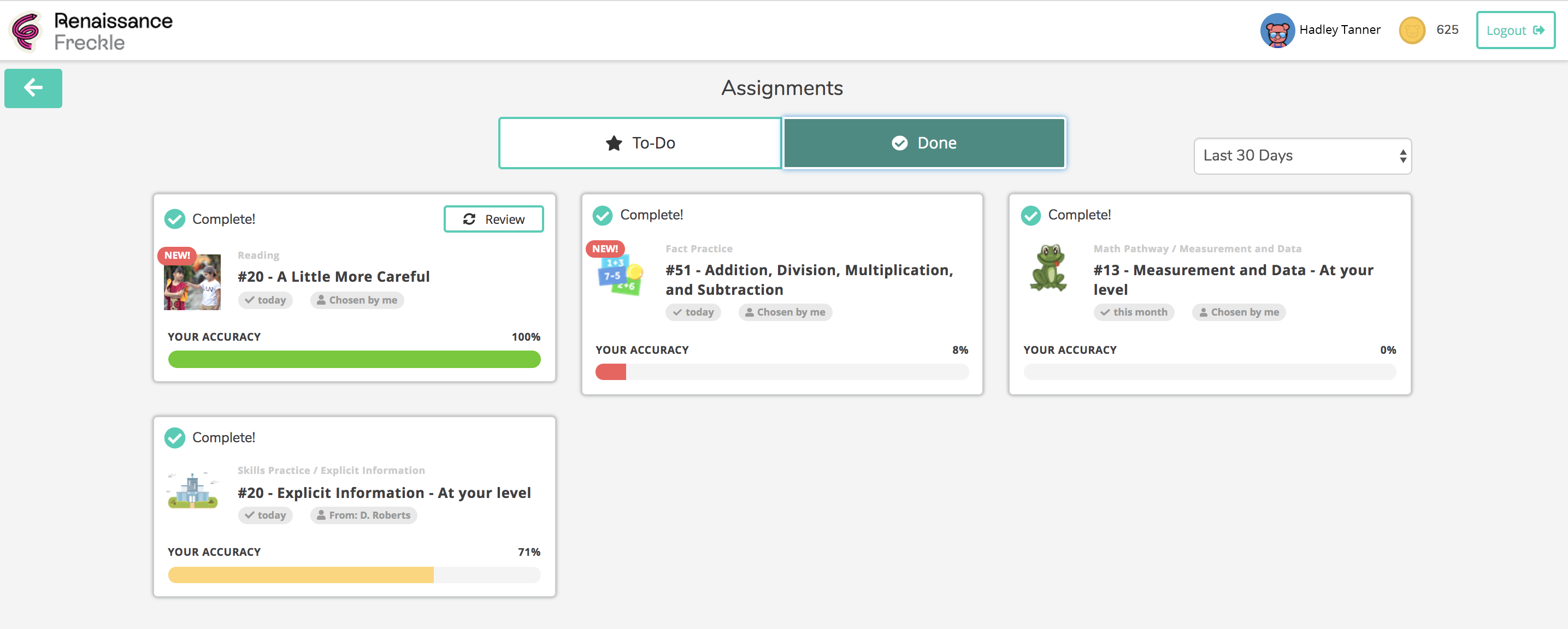 An example of the 'Done' view of a Grade 3 through Grade 5 dashboard. Each assignment has a tile describing it; one has a 'Review' button the student can use to review the assignment.