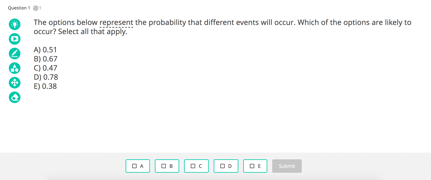 An example of a targeted practice question, with a multiple-choice answer. The possible answers and a Submit button are at the bottom.