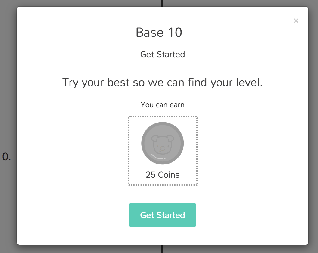 The page a student sees before a pre-test begins, showing the name of the domain, the number of coins they can earn by taking the pre-test, and a Get Started button.
