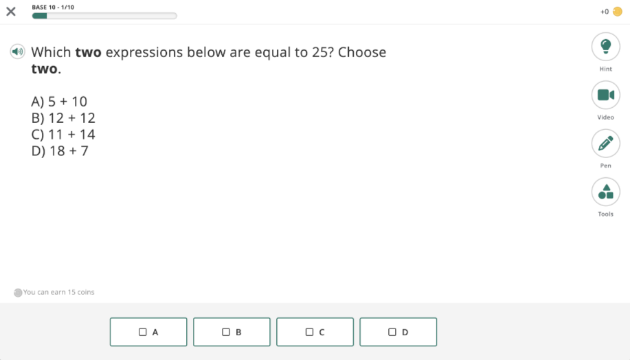 An example multiple answer question: the question has more than one possible correct answer, and the student must choose the correct answers before selecting Submit.