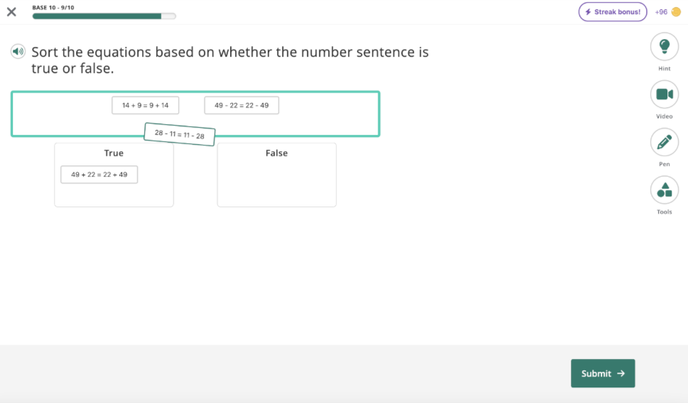An example drag and drop question: students are presented with six mathematical questions involving fractions; the students must calculate the fractions and then drag and drop them on their equivalent values above before selecting Submit.