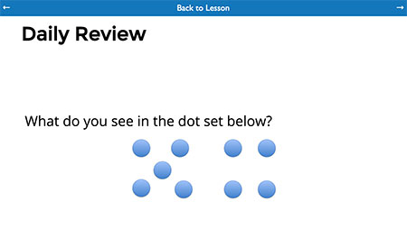An example of a daily review slide for a dot talk, with the following problem for students: 'What do you see in the dot set below?'