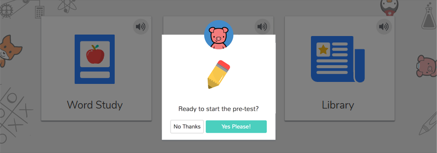 The message says: 'Ready to start the pre-test?' The No Thanks and Yes Please buttons are at the bottom.