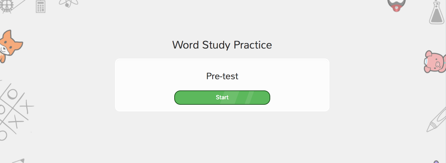The starting screen for a Word Study Practice, with the Start button for the pre-test shown.
