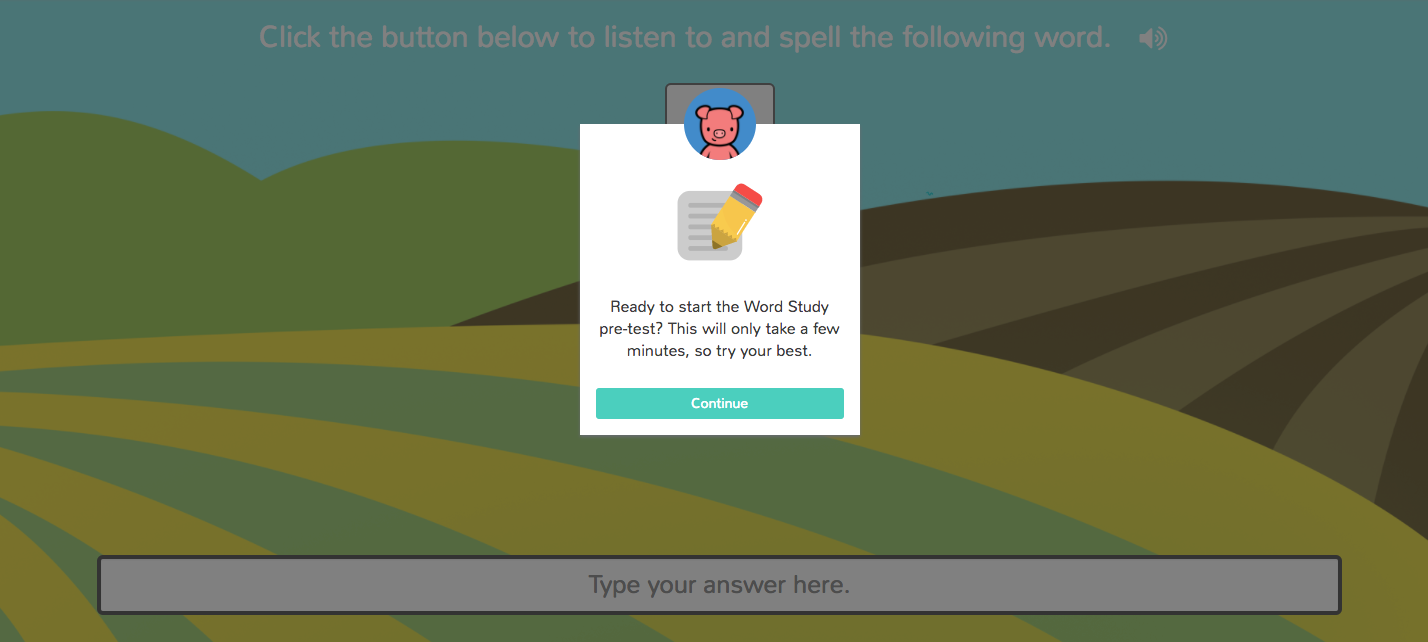The message says: 'Ready to start the Word Study pre-test? This will only take a few minutes, so try your best.' The Continue button is at the bottom.