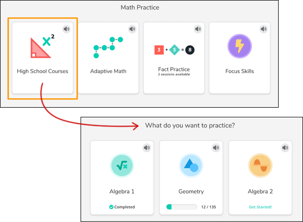 The High School Courses option on the Math Practice page is selected, opening a second window where the student can choose to practice Algebra 1, Geometry, or Algebra 2.