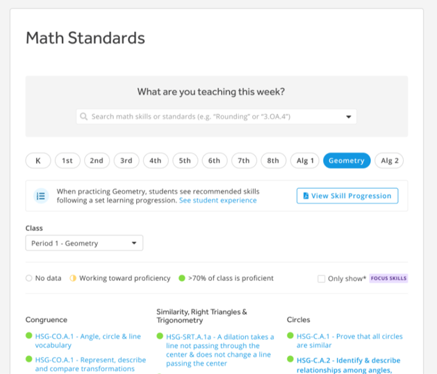 The Math Standards page, filtered to only show Geometry skills.