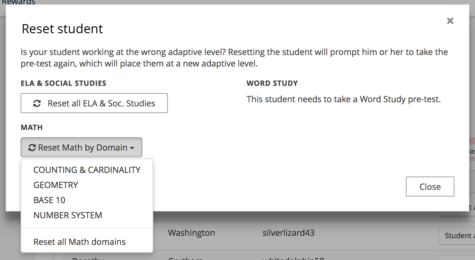 The Reset student message. The drop-down list for math lets you select domains to reset, or 'Reset all Math domains' to reset all of them at once.