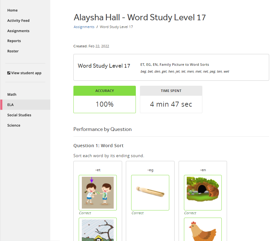 The Word Study Report for the student's assignment, showing the name and subject of the assignment, the student's accuracy, time spent, and the student's responses to each question.