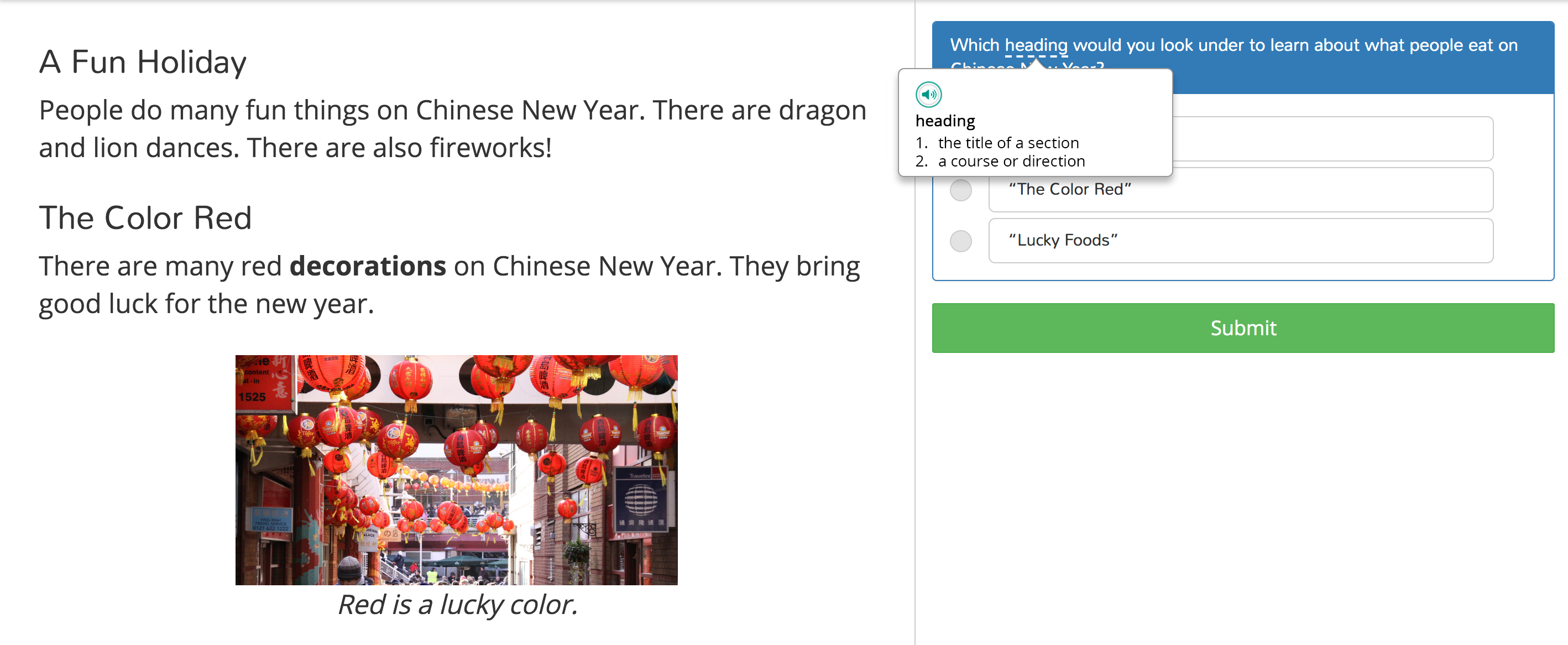 A reading passage, with a question on the right-hand side. The student is hovering over an underlined word in the question, which has opened a pop-up window with a definition for the word. An audio button will let the student have the definition read to them.