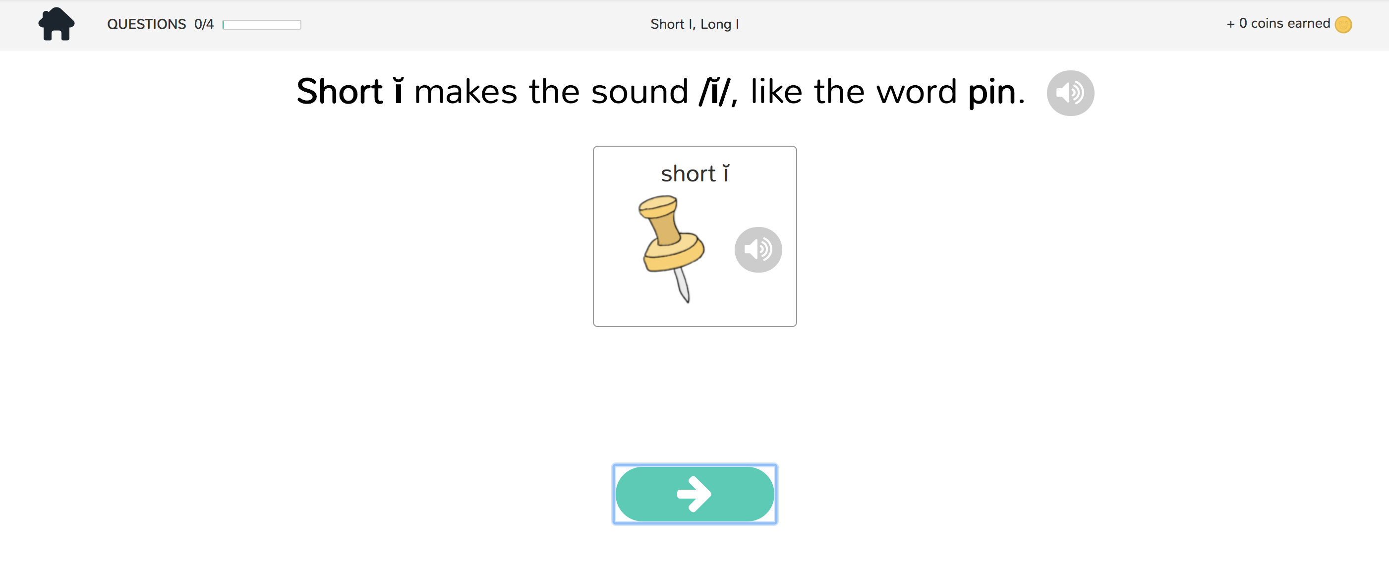 An example instructional component, showing the student the correct pronunciation of a short 'i'; audio buttons will let the student hear the instructional material.