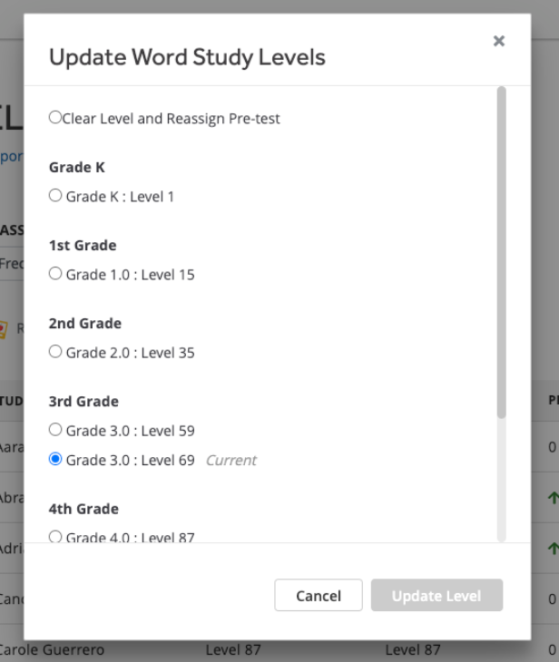 Updating a student's Word Study level from the ELA Levels report.