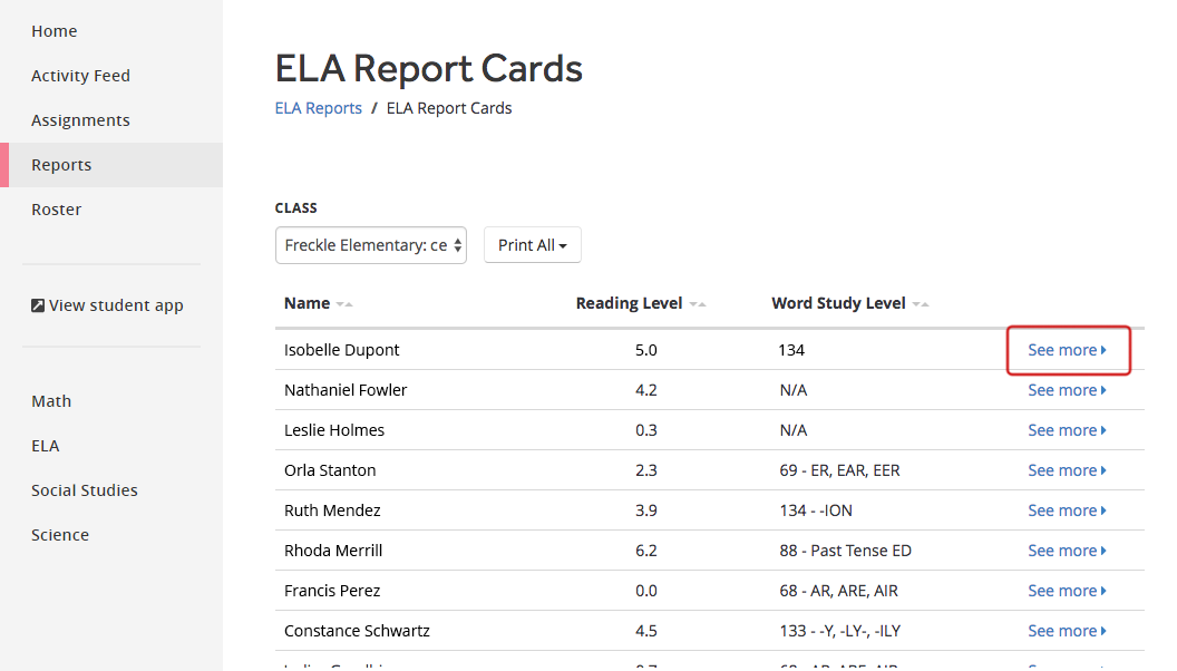 An example ELA Report Card. For the students in the selected class, their Reading Level and Word Study Level are shown. A See More link is at the right end of the row for each student.