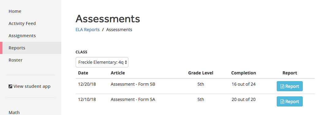 A table listing the assessments for a specific class, showing the date they were assigned, their names, the grades they are intended for, and the number of students who have completed them. The Report button is in the far-right column.