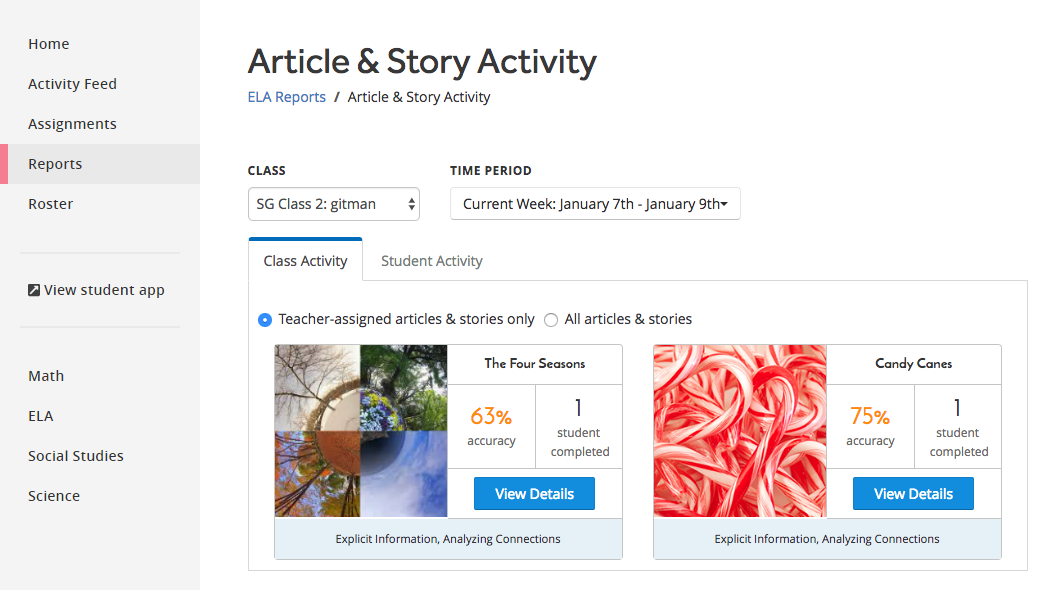 An Article and Story Activity Report for a specific class in a chosen time period. The Class Activity tab has been selected, and the user has chosen to view teacher-assigned articles and stories only. For these activities, the title, percent accuracy, and student completion rates are shown; a View Details button for each one is also provided.