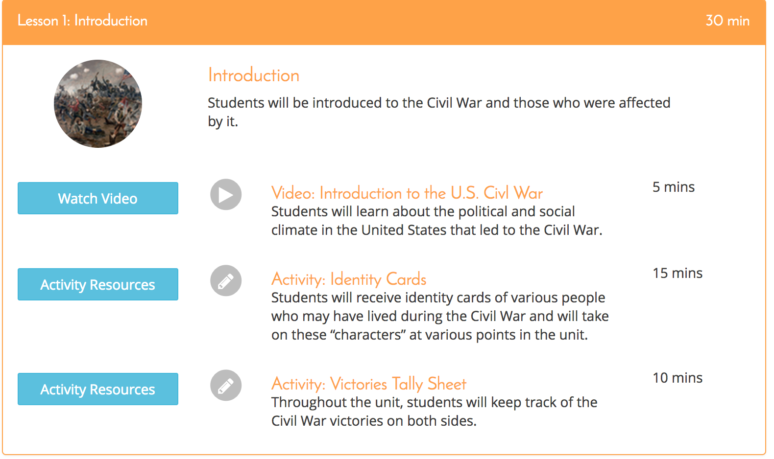 The introduction to a unit about the U.S. Civil War, with links to a video and activity resources.