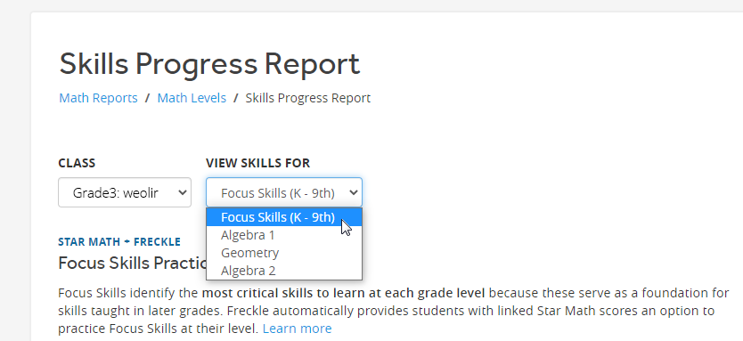 Options being selected for the Skills Progress Report. A class has already been chosen; the types of skills to view are being selected in the View Skills For drop-down list.