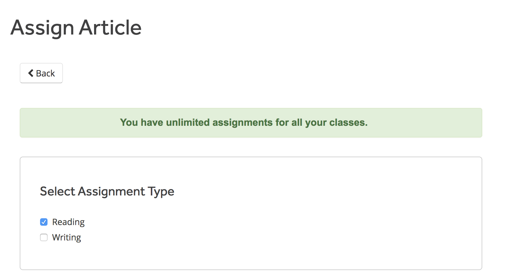 The Assign Article page, where you can choose the assignment type.