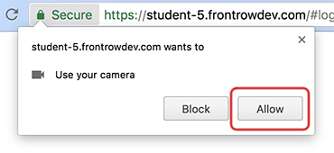 A pop-up window requesting access to the comptuer's camera. The Block and Allow buttons are at the bottom.