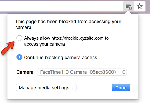 The message reads: This page has been blocked from accessing your camera. The options below allow you to allow camera access for the website or to continue blocking access. A drop-down list lets you choose a camera if your comptuer has more than one. The Manage Media Settings and Done buttons are at the bottom.