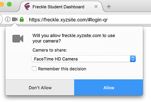 The message asks if you will allow Freckle's website to use your camera? A drop-down list lets you choose a camera if your comptuer has more than one. The Don't Allow and Allow buttons are at the bottom.