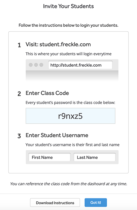 The instructions are to visit student.freckle.com, enter the class code, and enter the student user name.
