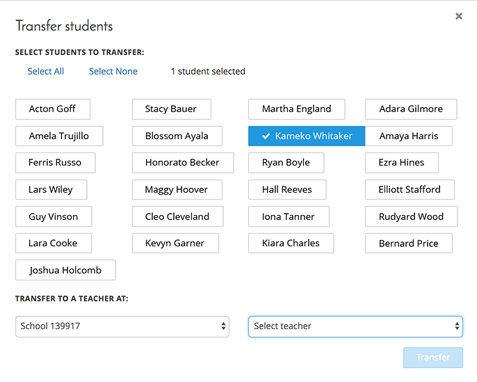 The Transfer students screen, with one student already selected. You can select additional students, or use the Select All and Select None links to select or deselect all the students at once. At the bottom are drop-down lists where you can select a school and teacher to transfer the students to. The Transfer button is below the drop-down lists.