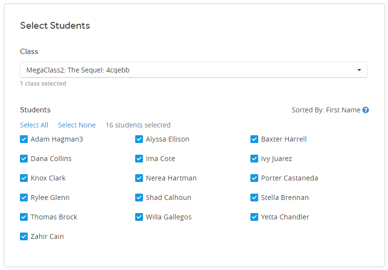 Select the class using the Class drop-down list. Select students by checking them, or use the Select All or Select None links to check or uncheck all the students at once.