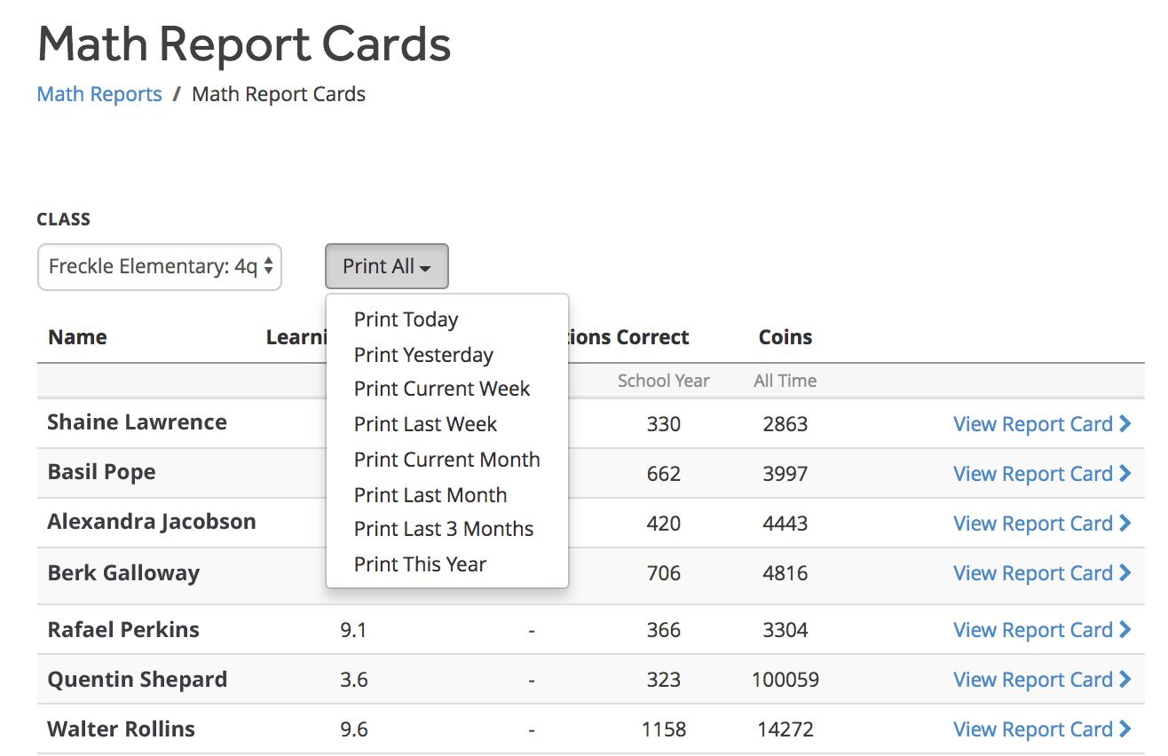 A table of students in one class, with the Print drop-down list selected, showing the various time span options for printing report cards.