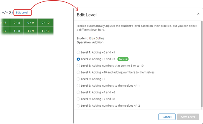 The Edit Level pop-up window, listing the available levels to assign to a student; the Update Level button is at the bottom.