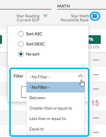 Filter drop-down list options