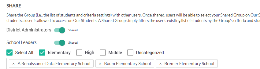 example of sharing options for School Leaders with some levels selected